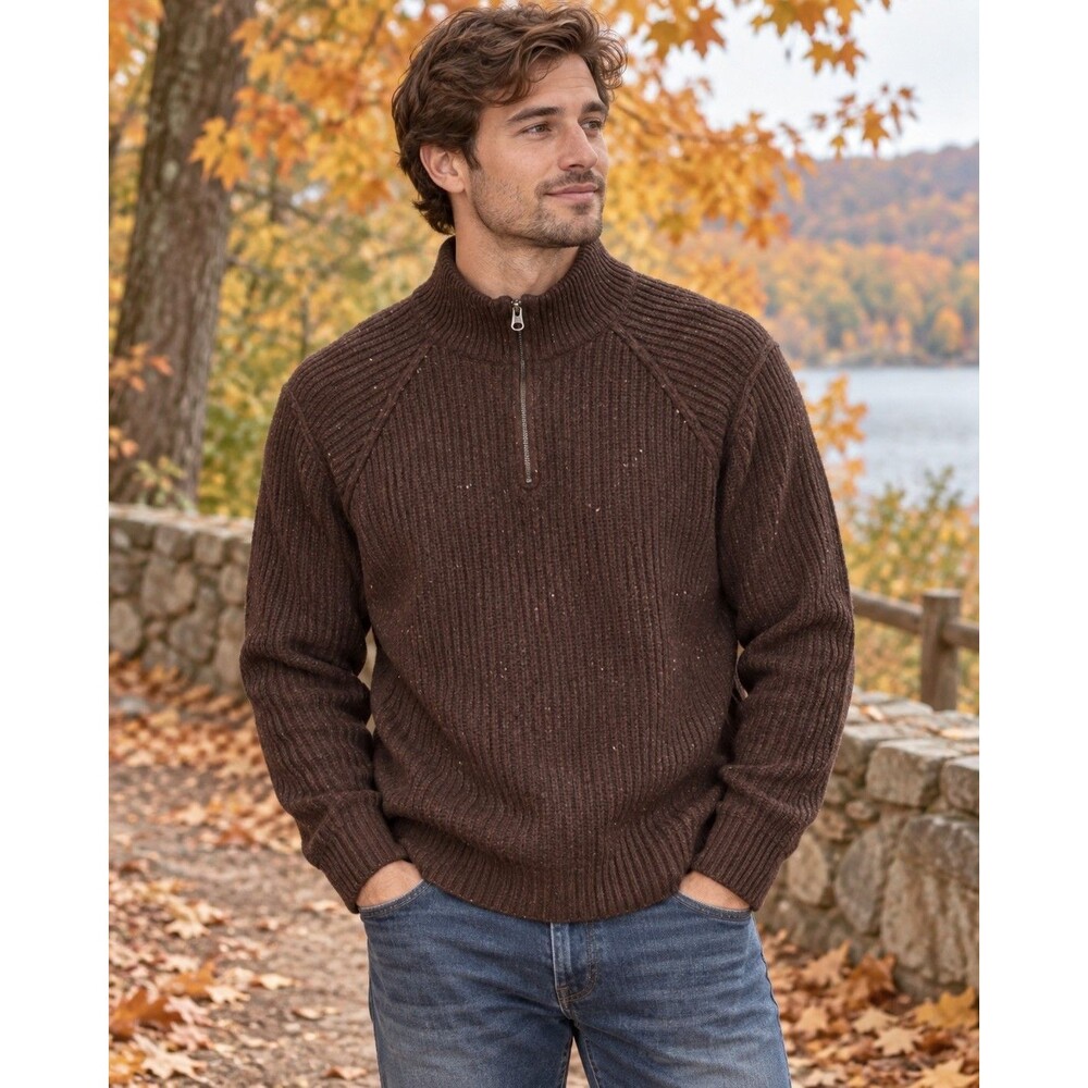 Heritage Tweed Fleck Mock Neck Quarter Zip Sweater Lucky Brand Men’s L Brown